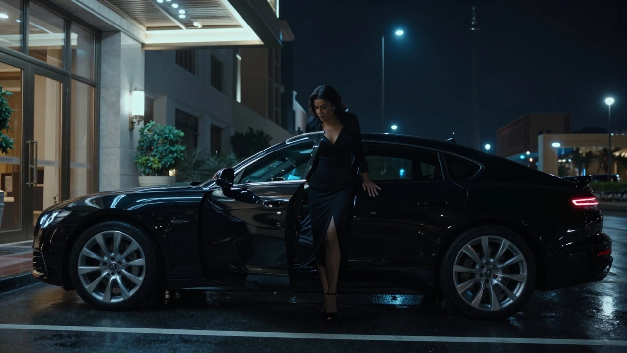 A discreet black luxury car at a five-star hotel entrance, no signs or branding, emphasizing privacy and professionalism.