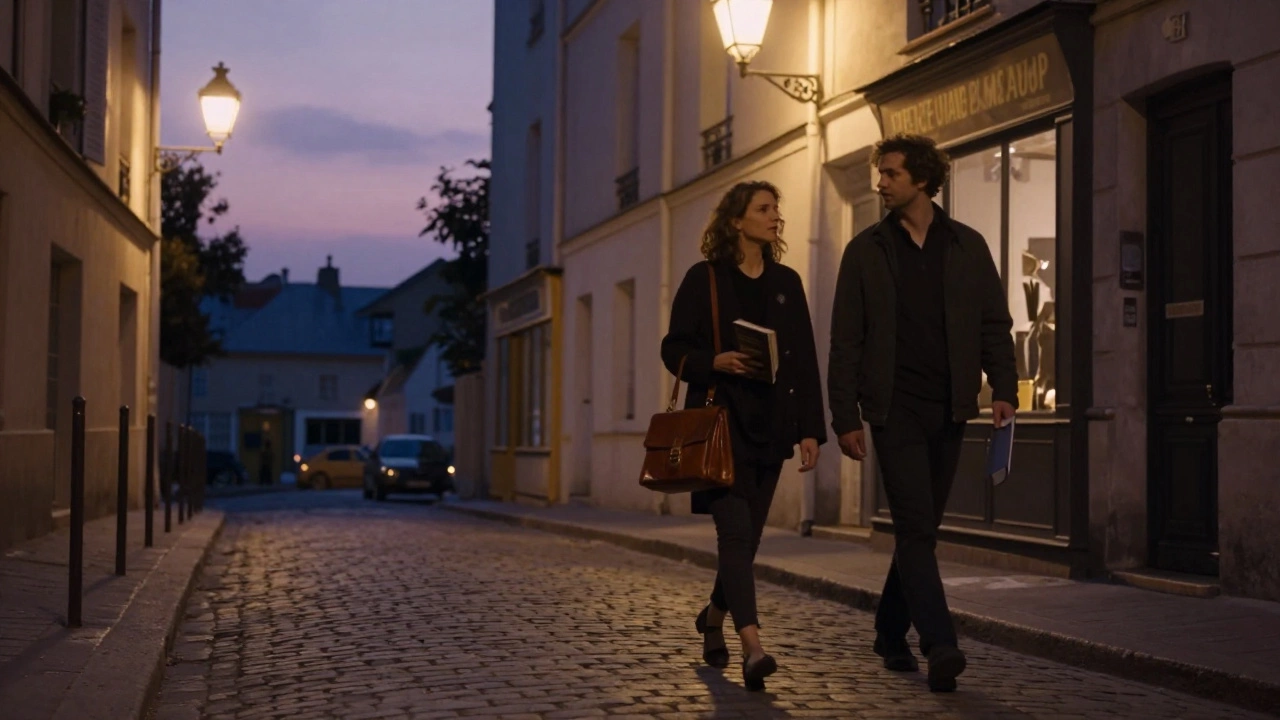 A woman and man walk together along a quiet Montmartre street at twilight.