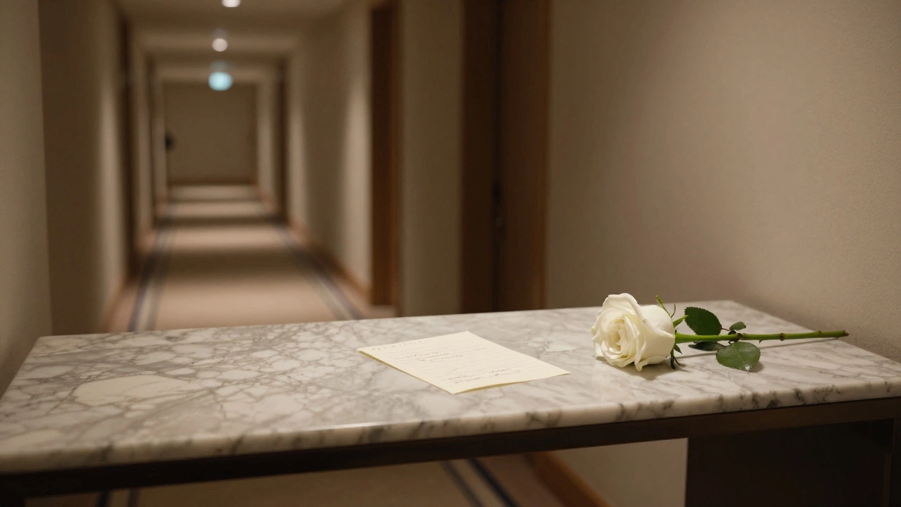 An empty hotel hallway at dawn with a folded note and a white rose on a marble table, conveying quiet closure and respect.