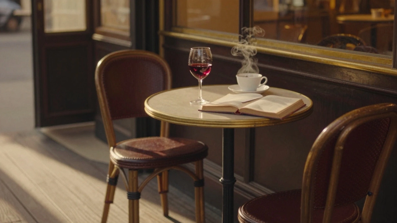 An empty Paris café at dawn with a half-drunk wine glass and open book on the table.